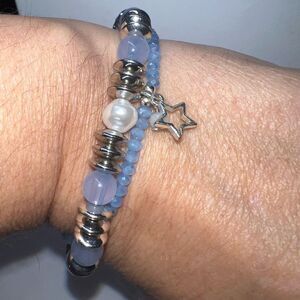 Set of Two Faceted Bead and Freshwater Pearl Stretch Bracelets